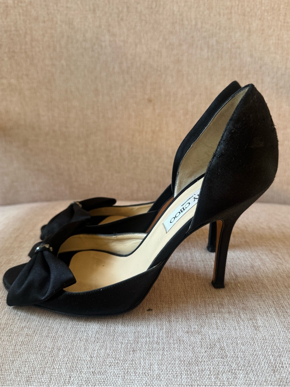 Jimmy Choo Black Satin Bow Open Toe Pumps 38.5 - Picture 6 of 10